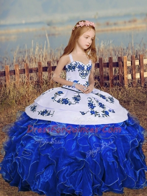 Royal Blue Sleeveless Embroidery and Ruffles Floor Length Little Girl Pageant Gowns