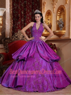 Purple Ball Gown Halter Floor-length Taffeta Appliques Quinceanera Dress