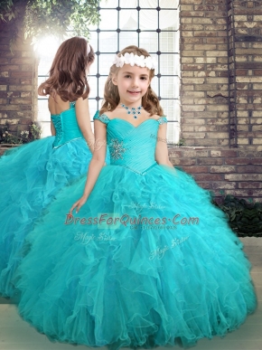 Aqua Blue Lace Up Little Girl Pageant Gowns Beading and Ruffles Sleeveless Floor Length