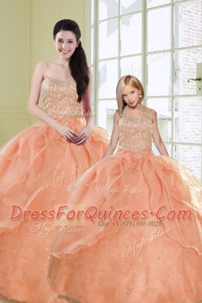 Orange Ball Gowns Sweetheart Sleeveless Organza Floor Length Lace Up Beading and Sequins Quinceanera Gowns