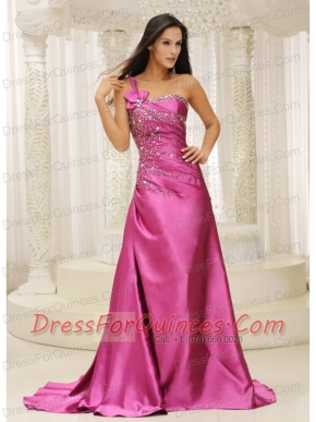 Prom Dress One Shoulder Beaded Decorate Bodice Satin
