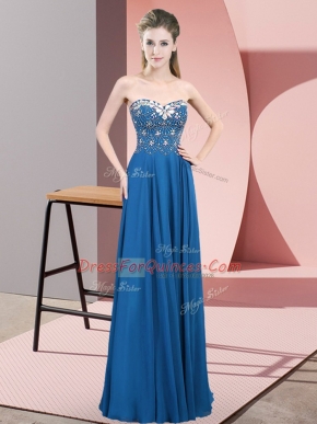 Luxurious Blue Zipper Prom Dress Beading Sleeveless Floor Length