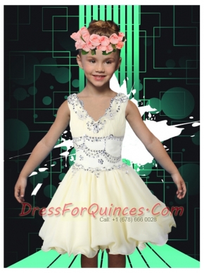 Simple V-neck A-Line Mini-length Little Girl Dress with Beading