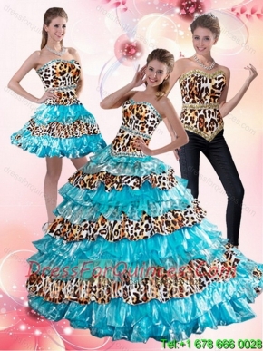 2015 Perfect Aqua Blue Leopard Printed Sweetheart Aqua Blue Quinceanera Dresses with Beading