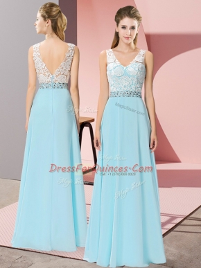 Nice Aqua Blue V-neck Neckline Beading Homecoming Dress Sleeveless Backless