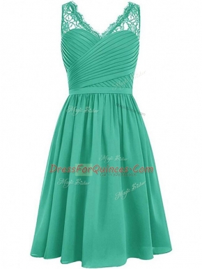 High End V-neck Sleeveless Chiffon Quinceanera Dama Dress Lace and Ruching Side Zipper