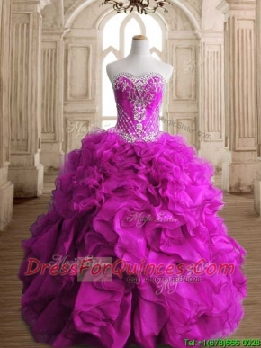 Elegant Fuchsia Organza Quinceanera Gown with Beading and Ruffles