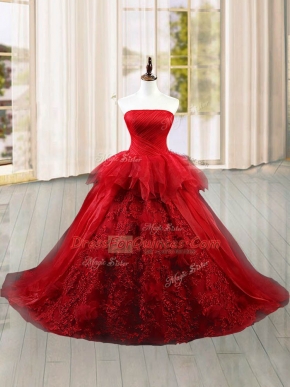 Fancy Wine Red Quinceanera Gown Tulle Brush Train Sleeveless Lace and Ruffles