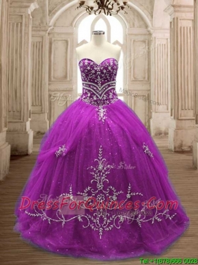 Romantic Applique Eggplant Purple Tulle Quinceanera Dress with Brush Train