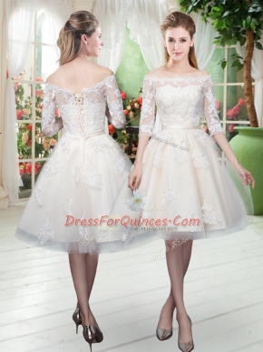 Dazzling Tulle Half Sleeves Knee Length Dress for Prom and Lace