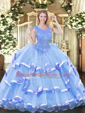 Baby Blue Zipper Quinceanera Dress Beading and Ruffled Layers Sleeveless Floor Length