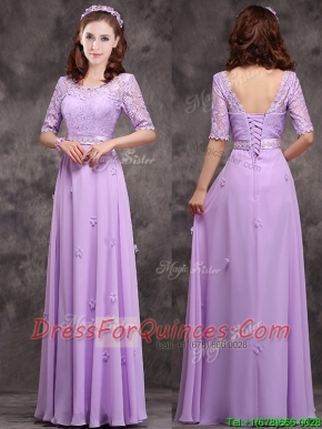 Exclusive Scoop Half Sleeves Lavender Prom Dresses with Appliques and Lace
