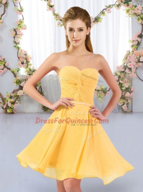 Stunning Gold Empire Sweetheart Sleeveless Chiffon Mini Length Lace Up Ruching Quinceanera Court Dresses