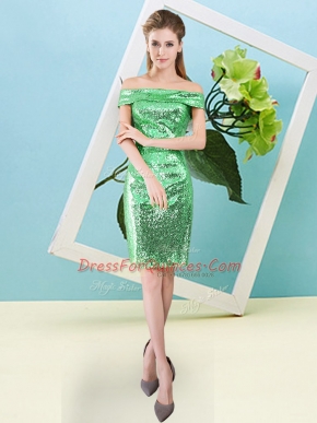 Green Column/Sheath Off The Shoulder Short Sleeves Sequined Mini Length Zipper Sequins Evening Dress
