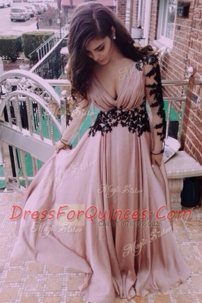 Sexy Pink Column/Sheath V-neck Long Sleeves Chiffon Floor Length Zipper Ruching Prom Dresses