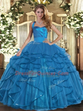 Halter Top Sleeveless Ball Gown Prom Dress Floor Length Ruffles Teal Tulle