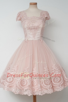 Baby Pink Zipper Prom Gown Lace Cap Sleeves Tea Length