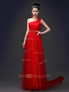 Red A-line One Shoulder Sleeveless Tulle Floor Length Zipper Beading Evening Dress