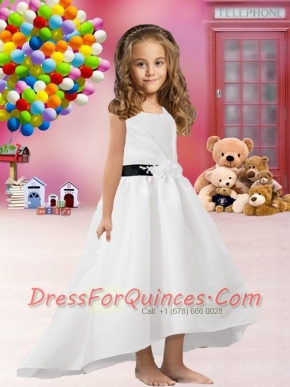 Simple White Scoop A-Line Flower Girl Dresses with Hand Made Flowers