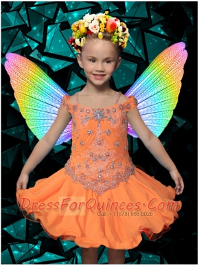 2014 Luxurious Knee-length Beading and Ruffles Orange Little Girl Dress with Off the Shoulder