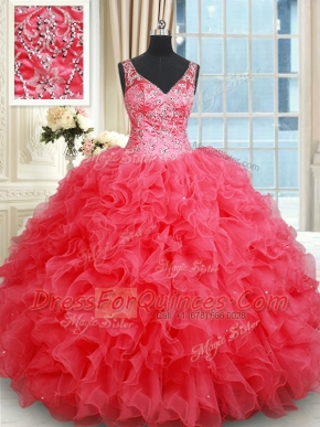 Coral Red V-neck Backless Beading and Ruffles Quinceanera Dress Sleeveless
