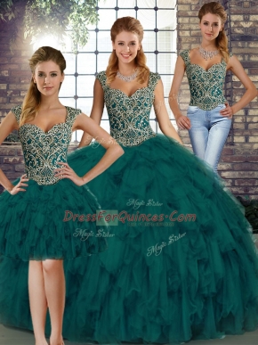 Peacock Green Straps Lace Up Beading and Ruffles Sweet 16 Dresses Sleeveless
