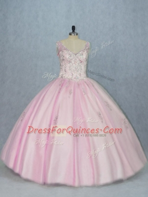 Baby Pink Sleeveless Floor Length Beading and Appliques Backless Quinceanera Gown