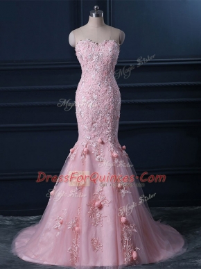 Baby Pink Sweetheart Lace Up Appliques and Hand Made Flower Prom Party Dress Brush Train Sleeveless