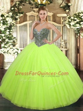 Elegant Yellow Green Sleeveless Floor Length Beading Lace Up Quinceanera Dresses