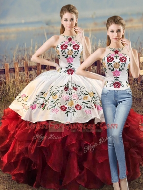 Glamorous White And Red Lace Up Quinceanera Gowns Embroidery and Ruffles Sleeveless Floor Length