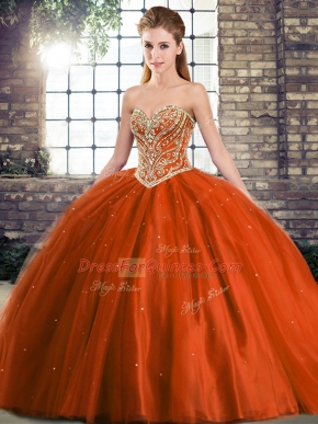 Rust Red Sweetheart Neckline Beading Ball Gown Prom Dress Sleeveless Lace Up