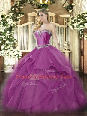 Glittering Fuchsia Sweetheart Lace Up Beading and Ruffles Vestidos de Quinceanera Sleeveless