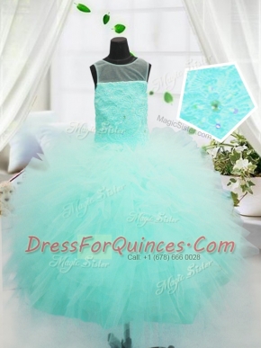 Scoop Aqua Blue Sleeveless Beading and Appliques Floor Length Little Girl Pageant Gowns