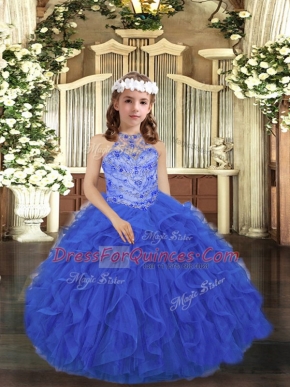 Super Royal Blue Scoop Lace Up Beading and Ruffles Little Girls Pageant Gowns Sleeveless