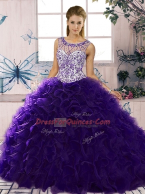 Sleeveless Organza Floor Length Lace Up 15th Birthday Dress in Purple with Beading and Ruffles