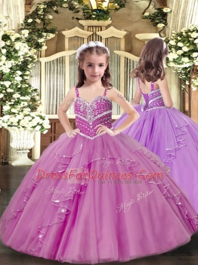 Customized Lilac Straps Neckline Beading and Ruffles Little Girls Pageant Gowns Sleeveless Lace Up