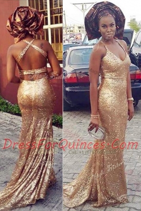 Gold Sequined Criss Cross Halter Top Sleeveless With Train Evening Dress Brush Train Sequins