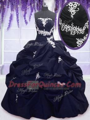 Fashion Strapless Sleeveless 15 Quinceanera Dress Floor Length Appliques and Pick Ups Navy Blue Taffeta