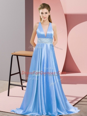 Colorful Sleeveless Brush Train Backless Beading Evening Dress