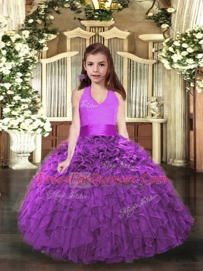 Super Eggplant Purple and Purple Halter Top Lace Up Ruffles Pageant Gowns Sleeveless