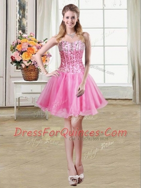 Custom Made Rose Pink Ball Gowns Sweetheart Sleeveless Organza Mini Length Lace Up Sequins Homecoming Dress