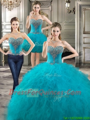 Perfect Beaded and Ruffled Detachable Quinceanera Dresses in Teal