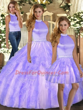 Tulle Halter Top Sleeveless Backless Beading and Ruffles Sweet 16 Dress in Lavender