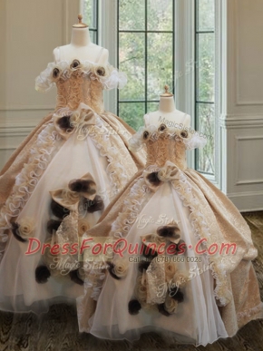 Popular Off the Shoulder Champagne Sleeveless Organza and Lace Clasp Handle Sweet 16 Dresses for Military Ball and Sweet 16 and Quinceanera