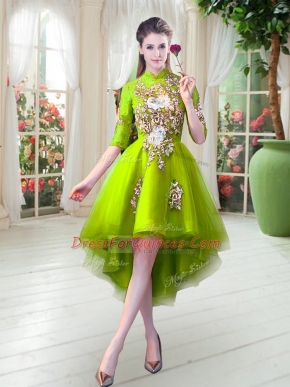 Yellow Green High-neck Zipper Appliques Prom Party Dress Half Sleeves