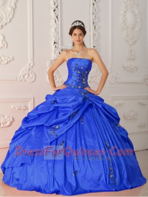 Pick Ups Strapless Taffeta with Appliques and Ruching Ball Gown Dress in Blue