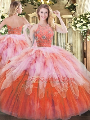 Sleeveless Tulle Floor Length Zipper Sweet 16 Dresses in Multi-color with Beading and Ruffles