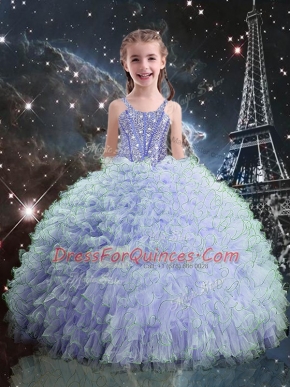 Pretty Sleeveless Floor Length Beading and Ruffles Lace Up Little Girls Pageant Gowns with Light Blue