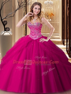 Fuchsia Tulle Lace Up Sweetheart Sleeveless Floor Length Quinceanera Dress Beading