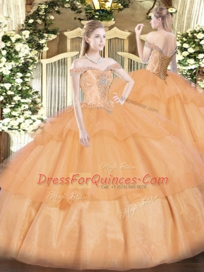 Orange Sleeveless Beading and Ruffled Layers Floor Length 15 Quinceanera Dress